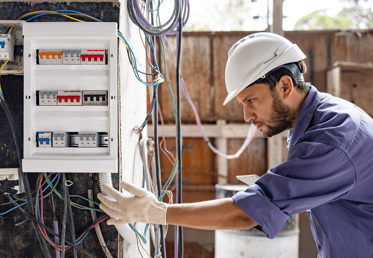 Electrician inspecting a circuit breaker panel.