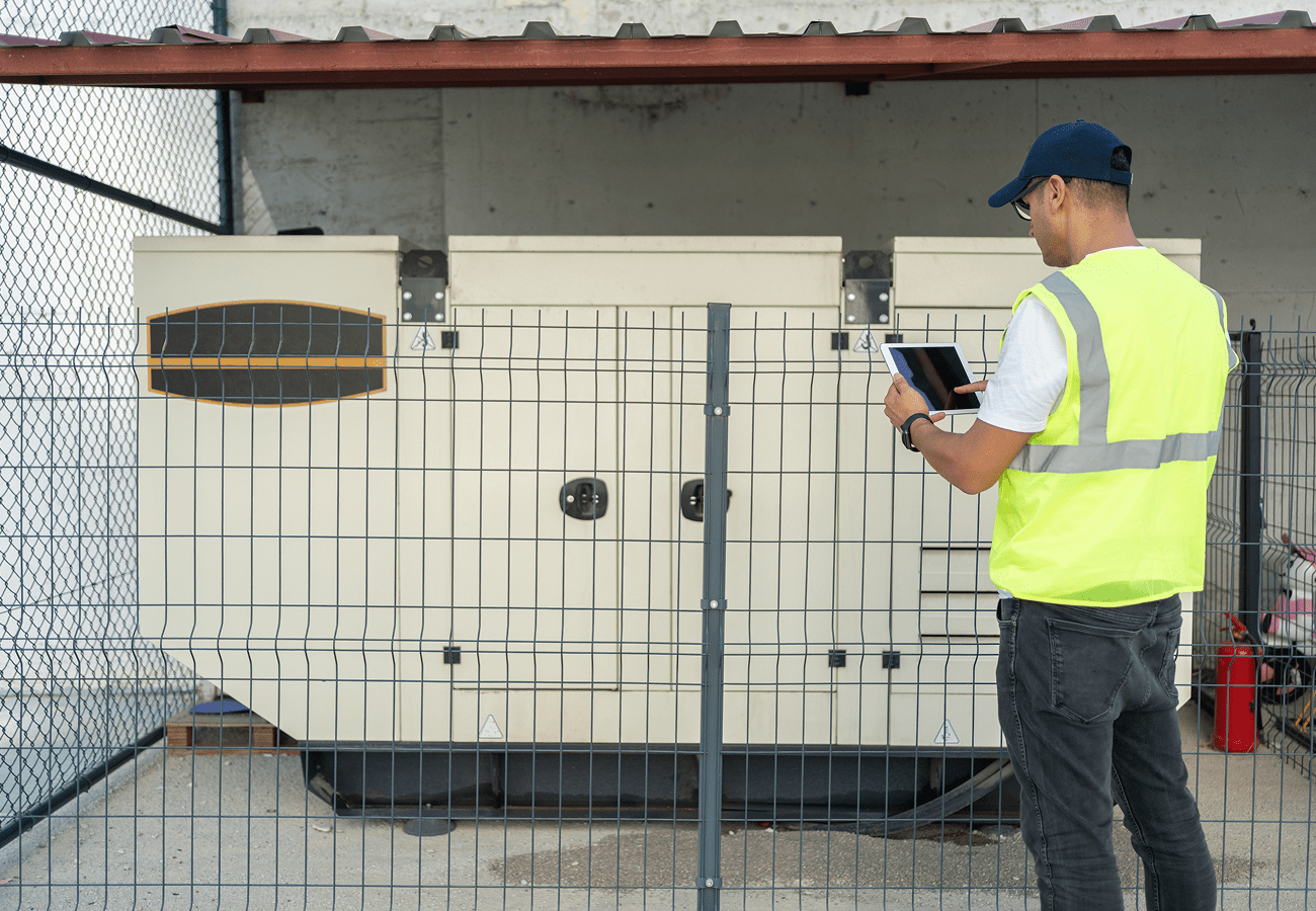 Man inspecting generator with a tablet.