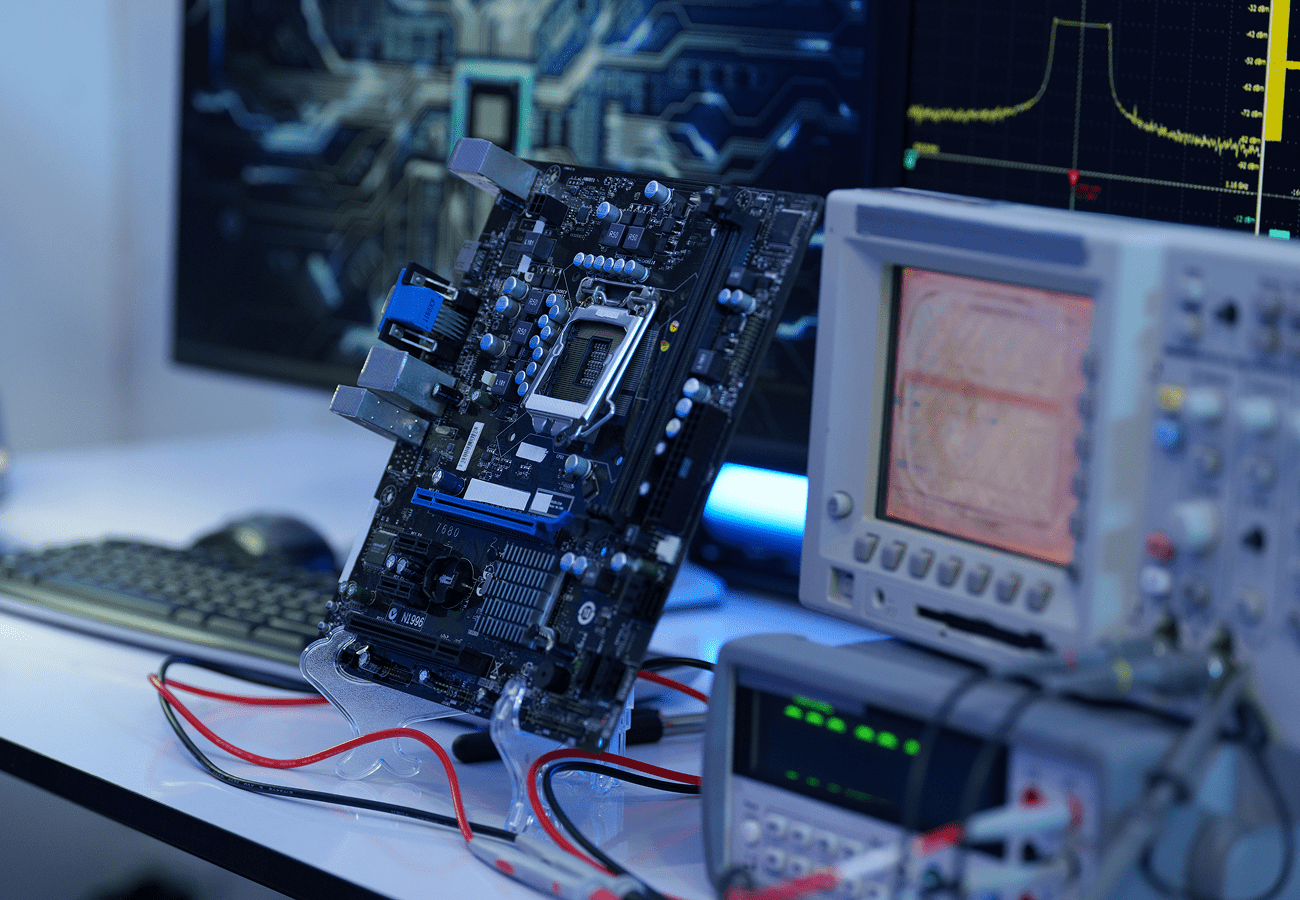 Motherboard with electronic testing equipment setup.