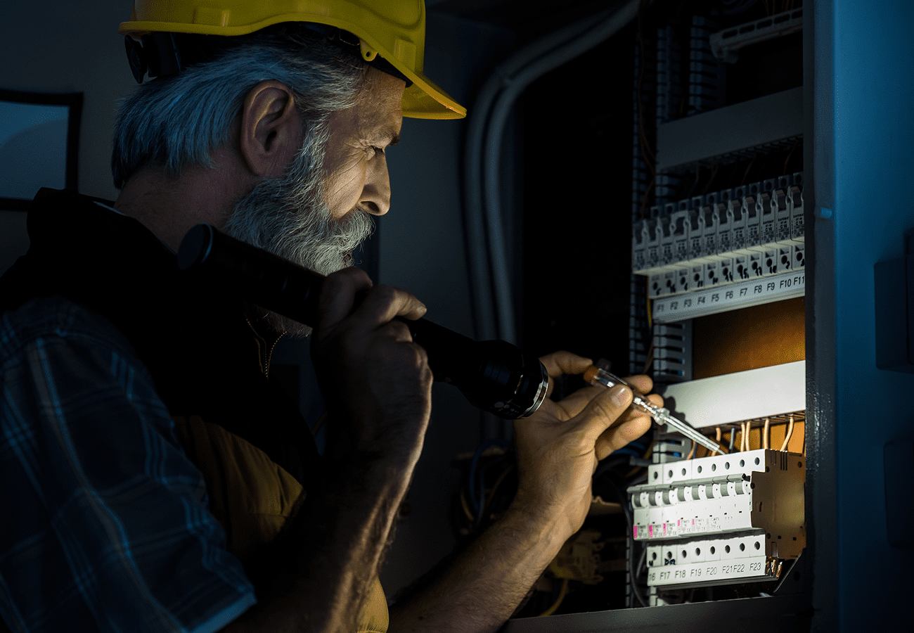 Electrician working on circuit panel with flashlight.