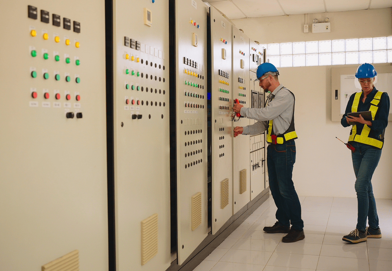 Technicians operating control panels in facility.