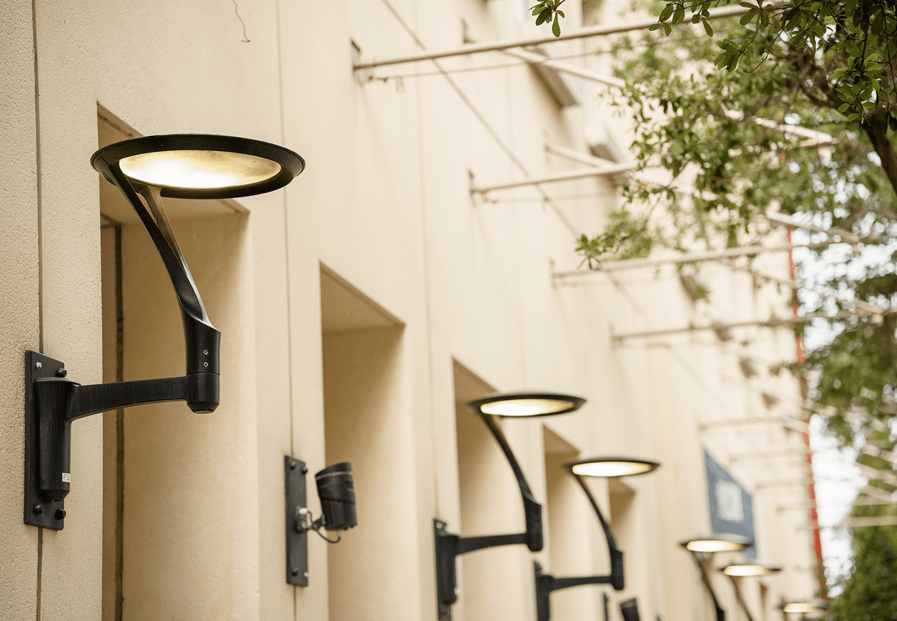 Wall lamps on a building exterior.