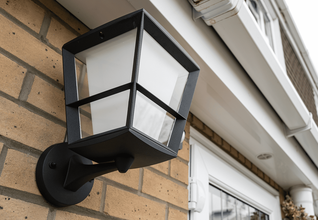 Black outdoor lantern on brick wall.