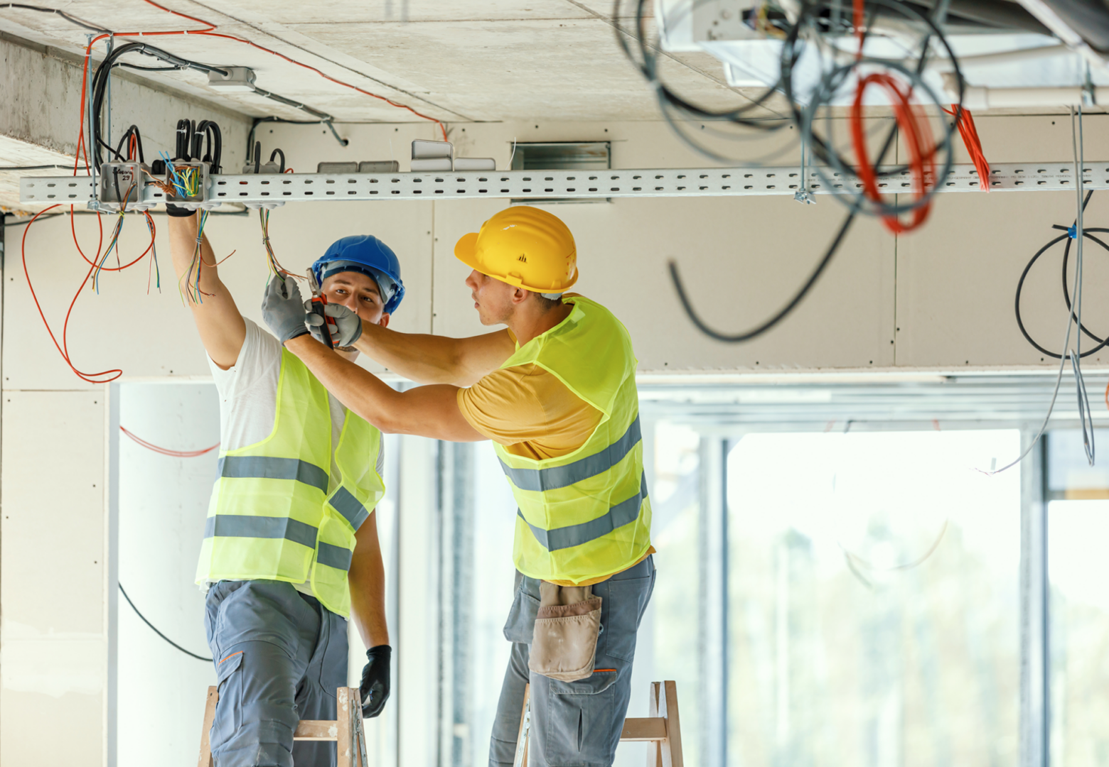 Construction workers installing ceiling electrical wiring.