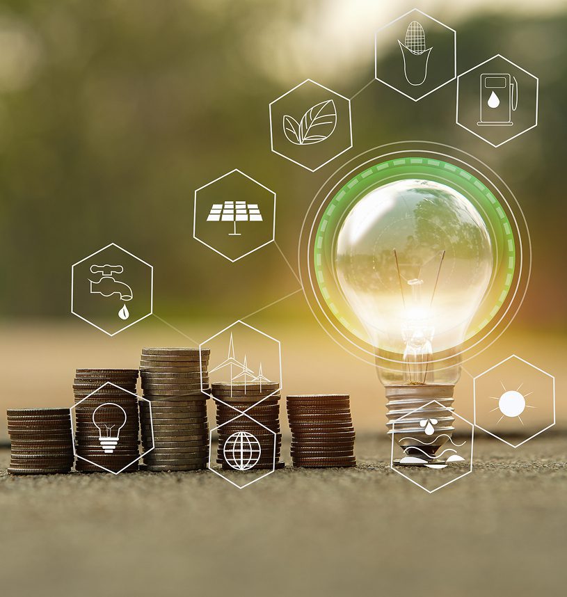 Light bulb with coins and sustainability icons.