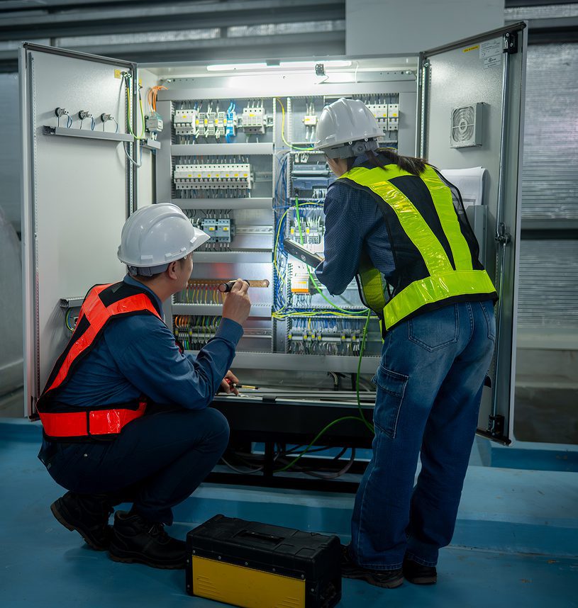 Technicians inspecting electrical panel with tools.